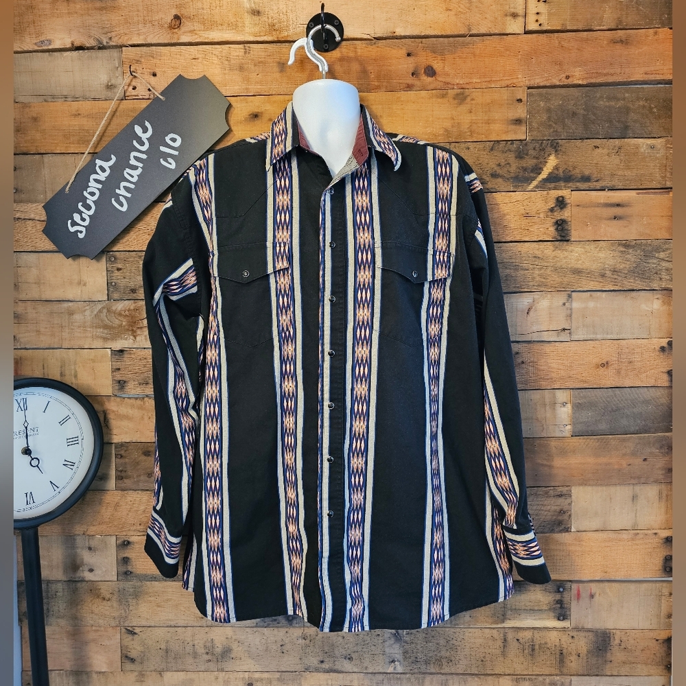 SALE-Wrangler Western Southern Black Aztec Pearl Snap Long Sleeve Shirt Sz XLT